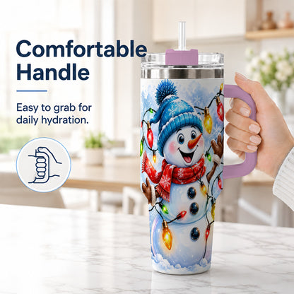 #pl[40oz|Pink] Snowman Lights 40oz Tumbler with Handle, Holiday Stainless Steel Tumbler