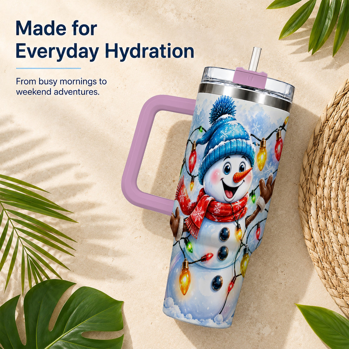 #pl[40oz|Pink] Snowman Lights 40oz Tumbler with Handle, Holiday Stainless Steel Tumbler