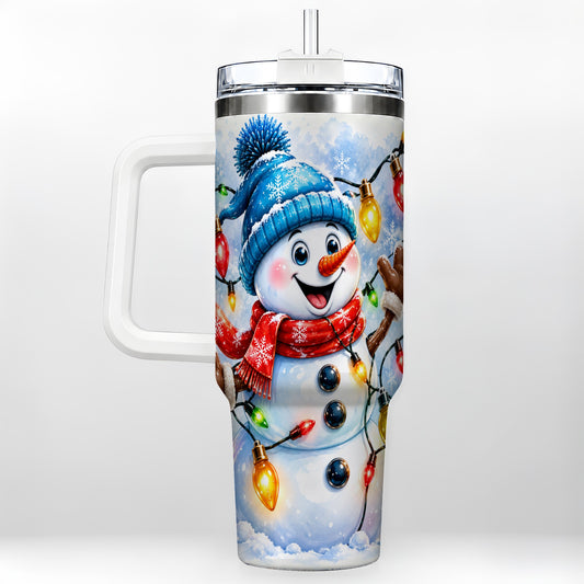 Snowman Lights 40oz Tumbler with Handle, Holiday Stainless Steel Tumbler