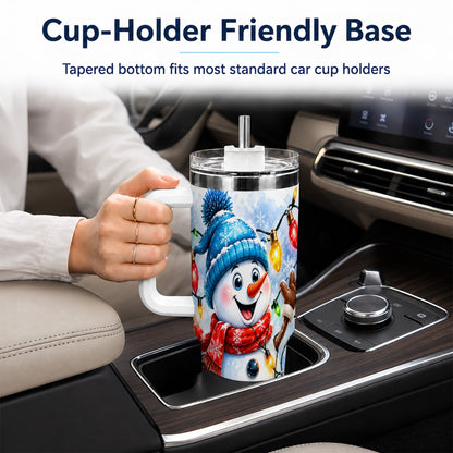 #pl[40oz|White] Snowman Lights 40oz Tumbler with Handle, Holiday Stainless Steel Tumbler