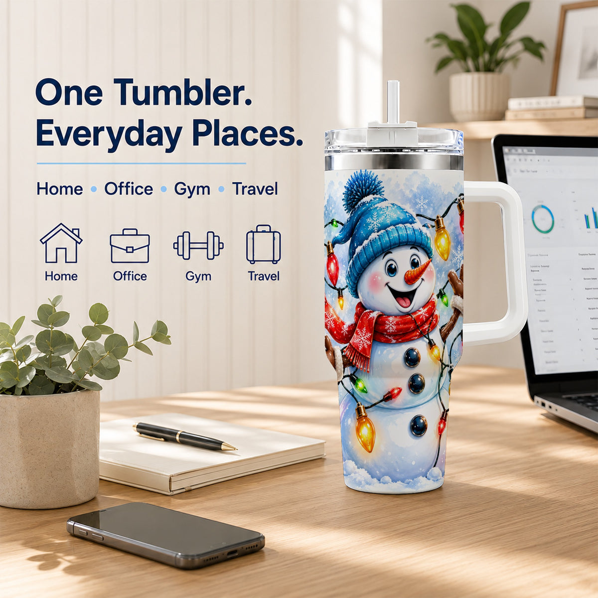 #pl[40oz|White] Snowman Lights 40oz Tumbler with Handle, Holiday Stainless Steel Tumbler