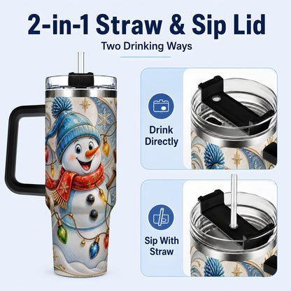 #pl[40oz|Black] Ornate Snowman 40oz Tumbler with Handle, Winter Stainless Steel Tumbler
