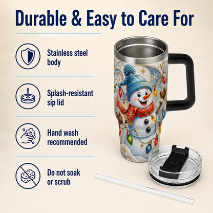 #pl[40oz|Black] Ornate Snowman 40oz Tumbler with Handle, Winter Stainless Steel Tumbler