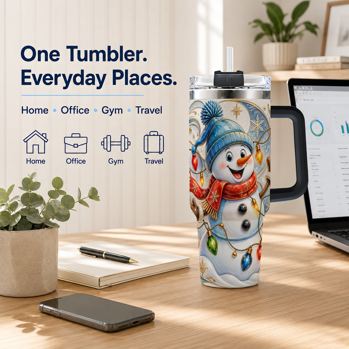#pl[40oz|Black] Ornate Snowman 40oz Tumbler with Handle, Winter Stainless Steel Tumbler
