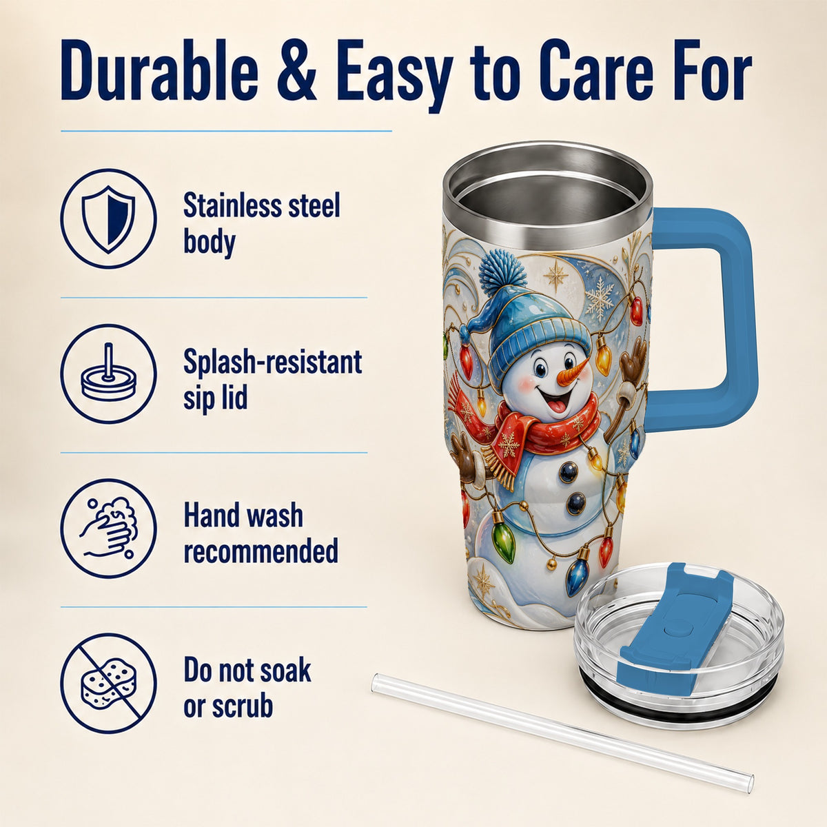 #pl[40oz|Blue] Ornate Snowman 40oz Tumbler with Handle, Winter Stainless Steel Tumbler