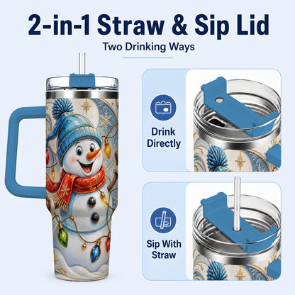 #pl[40oz|Blue] Ornate Snowman 40oz Tumbler with Handle, Winter Stainless Steel Tumbler