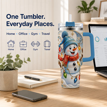 #pl[40oz|Blue] Ornate Snowman 40oz Tumbler with Handle, Winter Stainless Steel Tumbler