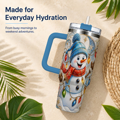 #pl[40oz|Blue] Ornate Snowman 40oz Tumbler with Handle, Winter Stainless Steel Tumbler
