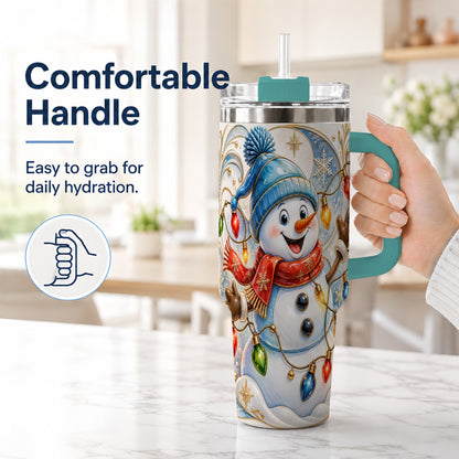 #pl[40oz|Green] Ornate Snowman 40oz Tumbler with Handle, Winter Stainless Steel Tumbler