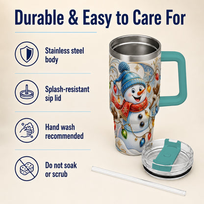 #pl[40oz|Green] Ornate Snowman 40oz Tumbler with Handle, Winter Stainless Steel Tumbler