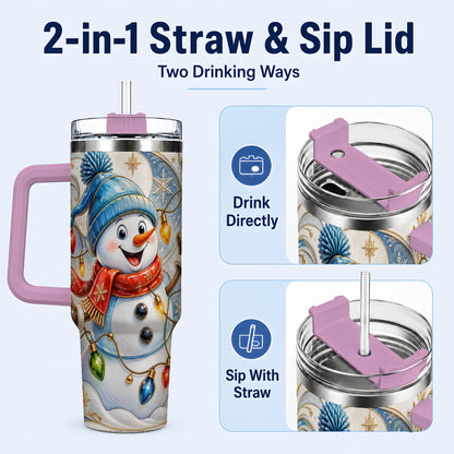 #pl[40oz|Pink] Ornate Snowman 40oz Tumbler with Handle, Winter Stainless Steel Tumbler