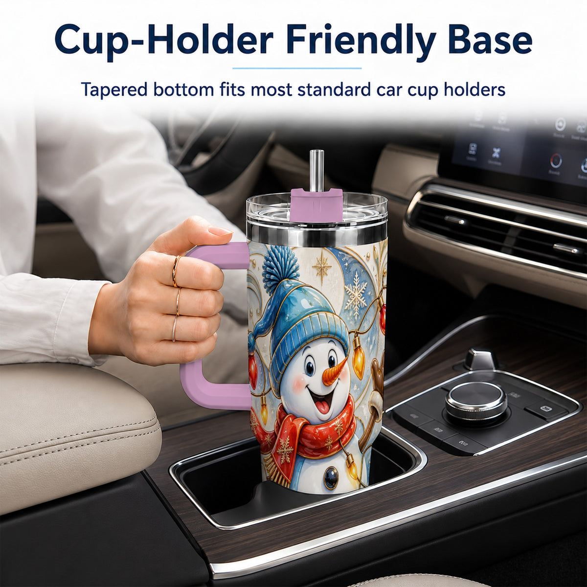 #pl[40oz|Pink] Ornate Snowman 40oz Tumbler with Handle, Winter Stainless Steel Tumbler