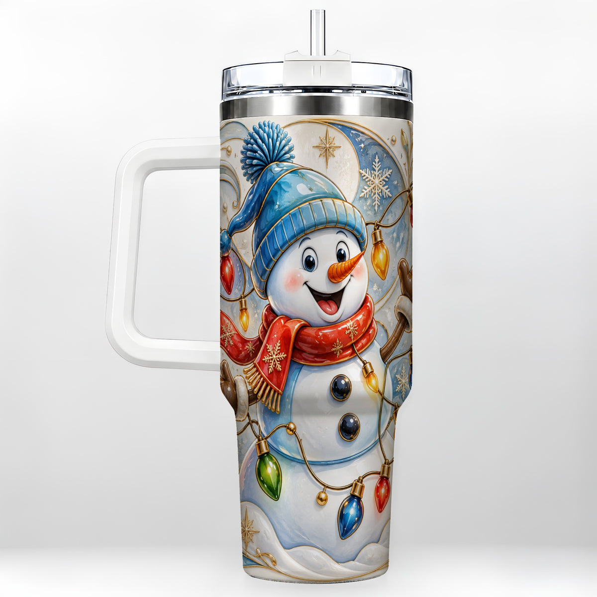Ornate Snowman 40oz Tumbler with Handle, Winter Stainless Steel Tumbler
