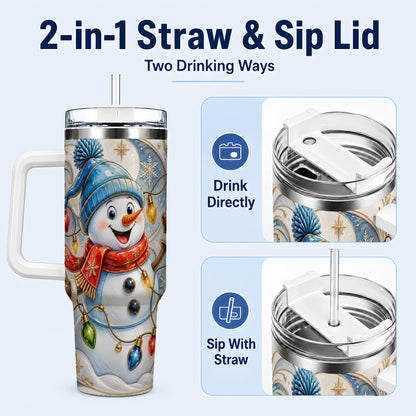 #pl[40oz|White] Ornate Snowman 40oz Tumbler with Handle, Winter Stainless Steel Tumbler