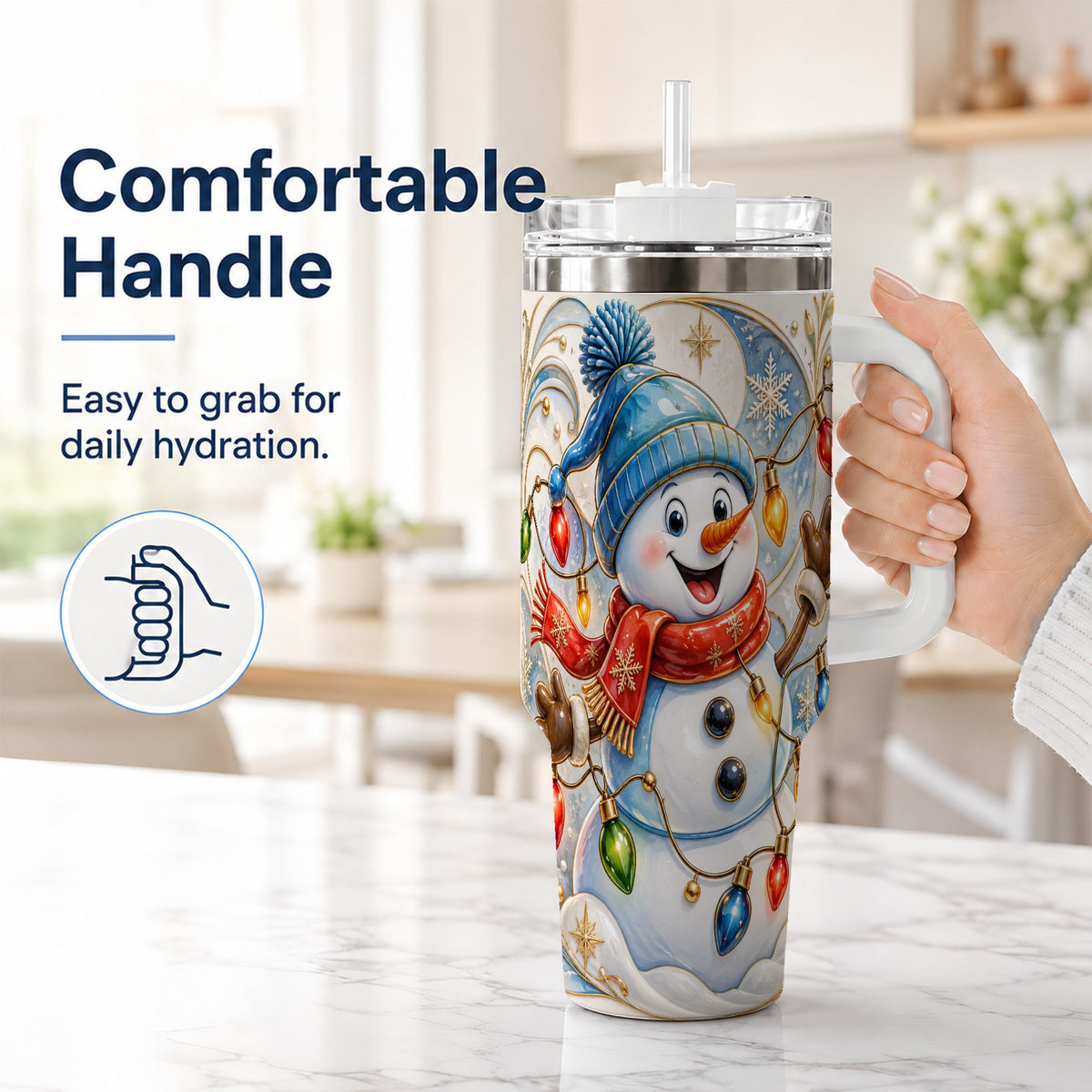 #pl[40oz|White] Ornate Snowman 40oz Tumbler with Handle, Winter Stainless Steel Tumbler