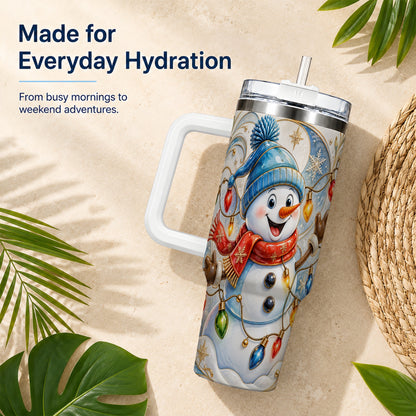#pl[40oz|White] Ornate Snowman 40oz Tumbler with Handle, Winter Stainless Steel Tumbler