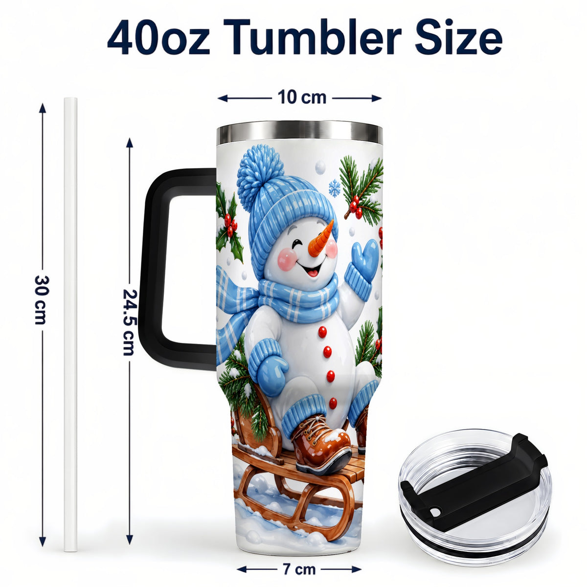 #pl[40oz|Black] Sledding Snowman 40oz Tumbler with Handle, Winter Stainless Steel Tumbler