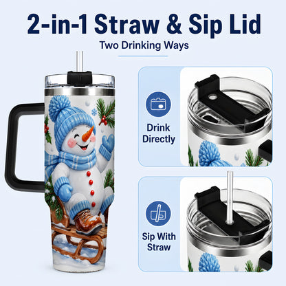 #pl[40oz|Black] Sledding Snowman 40oz Tumbler with Handle, Winter Stainless Steel Tumbler