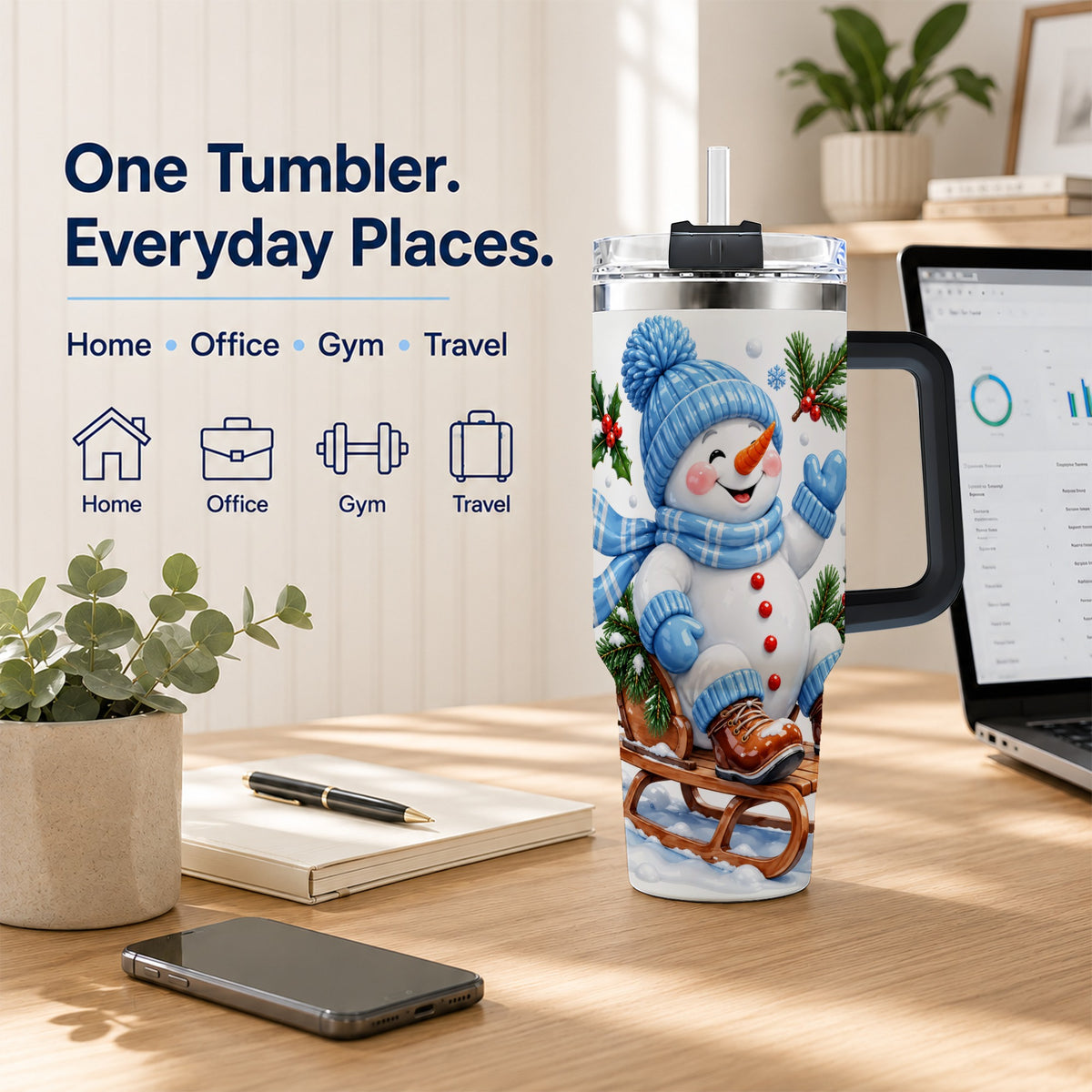 #pl[40oz|Black] Sledding Snowman 40oz Tumbler with Handle, Winter Stainless Steel Tumbler
