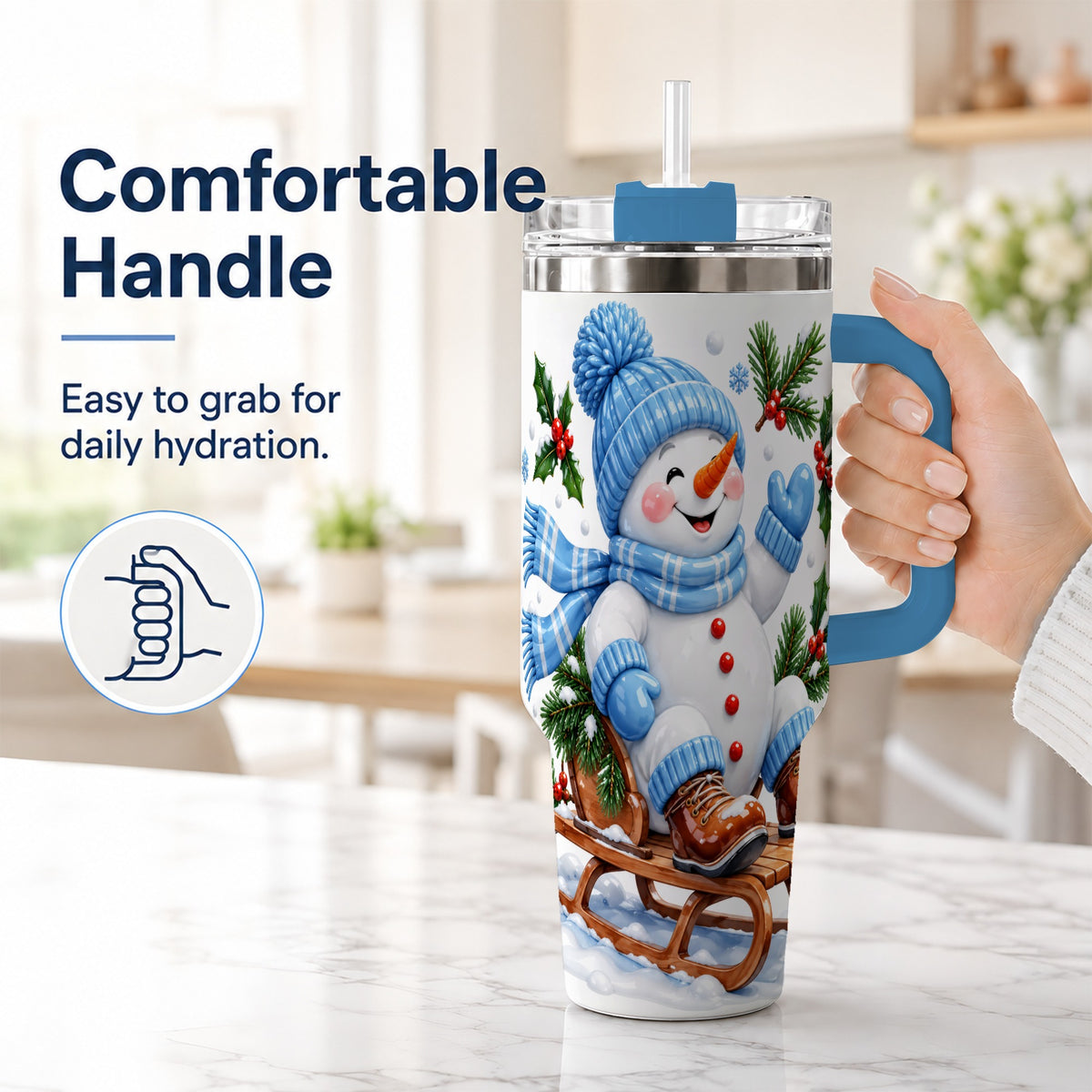 #pl[40oz|Blue] Sledding Snowman 40oz Tumbler with Handle, Winter Stainless Steel Tumbler