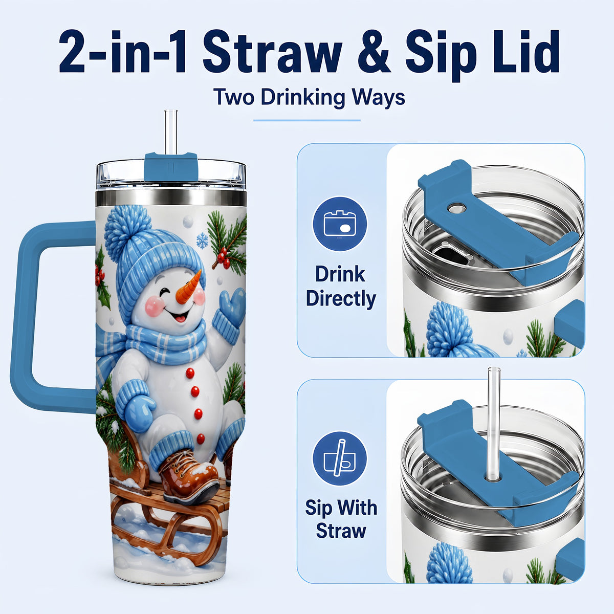 #pl[40oz|Blue] Sledding Snowman 40oz Tumbler with Handle, Winter Stainless Steel Tumbler