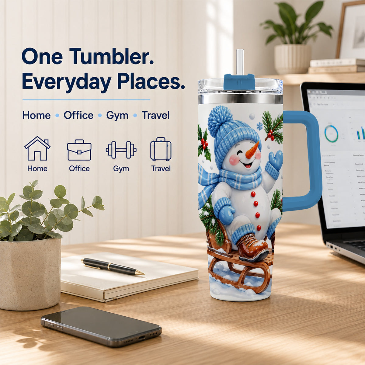 #pl[40oz|Blue] Sledding Snowman 40oz Tumbler with Handle, Winter Stainless Steel Tumbler