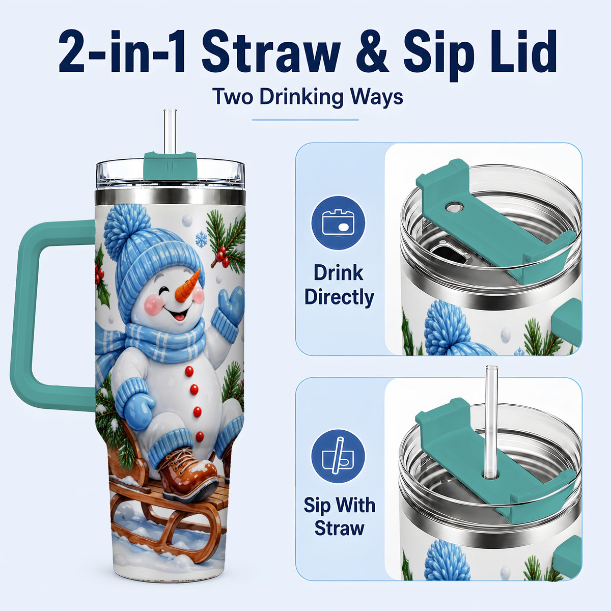 #pl[40oz|Green] Sledding Snowman 40oz Tumbler with Handle, Winter Stainless Steel Tumbler