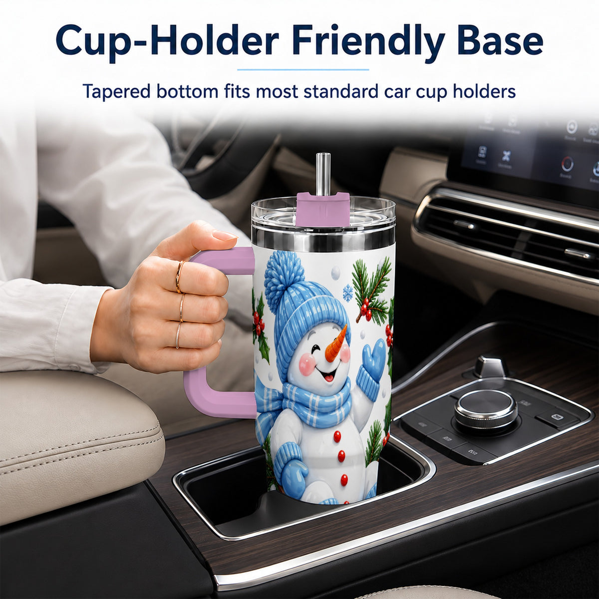 #pl[40oz|Pink] Sledding Snowman 40oz Tumbler with Handle, Winter Stainless Steel Tumbler