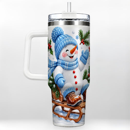 Sledding Snowman 40oz Tumbler with Handle, Winter Stainless Steel Tumbler
