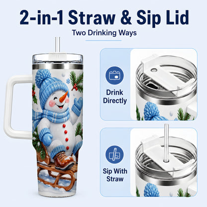 #pl[40oz|White] Sledding Snowman 40oz Tumbler with Handle, Winter Stainless Steel Tumbler