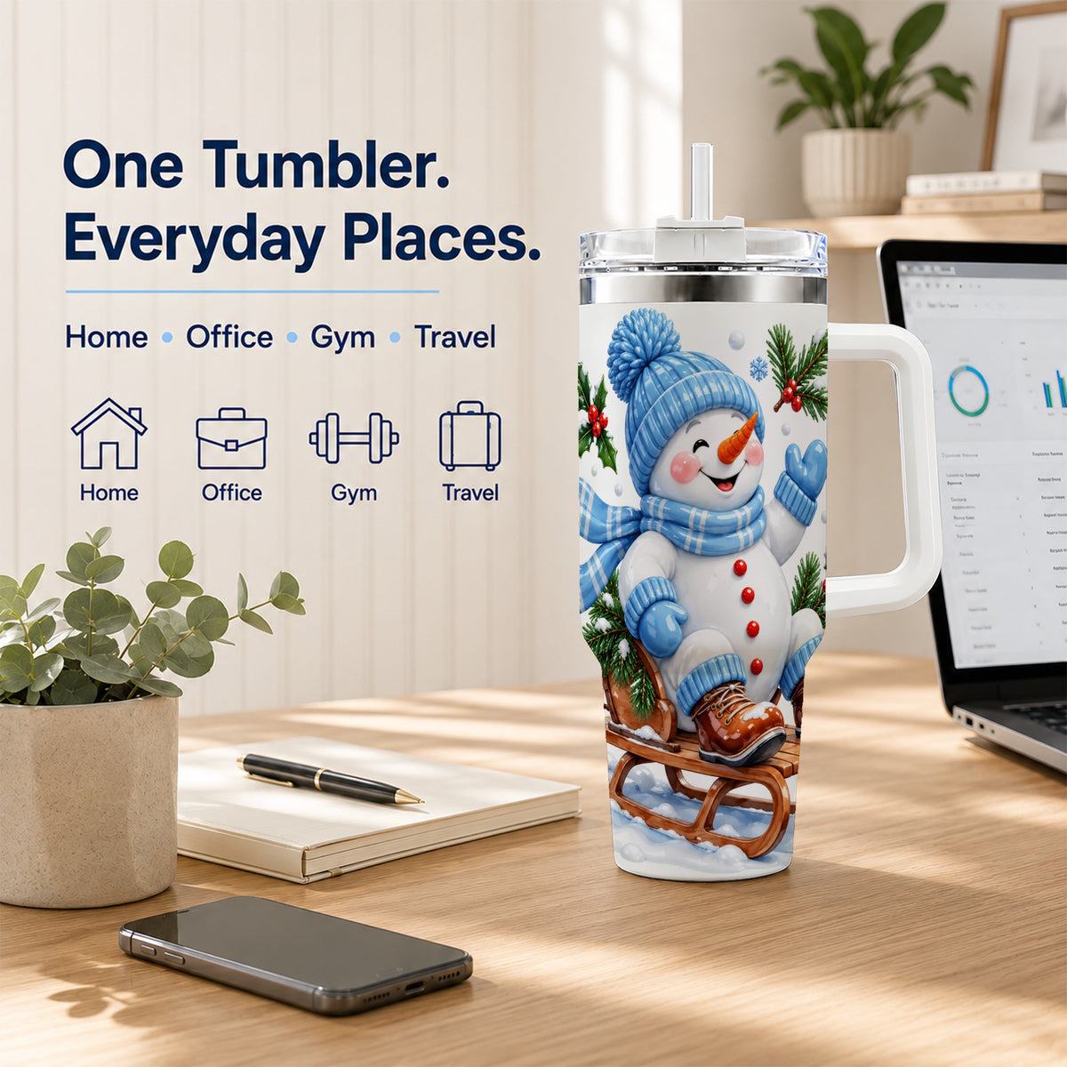 #pl[40oz|White] Sledding Snowman 40oz Tumbler with Handle, Winter Stainless Steel Tumbler