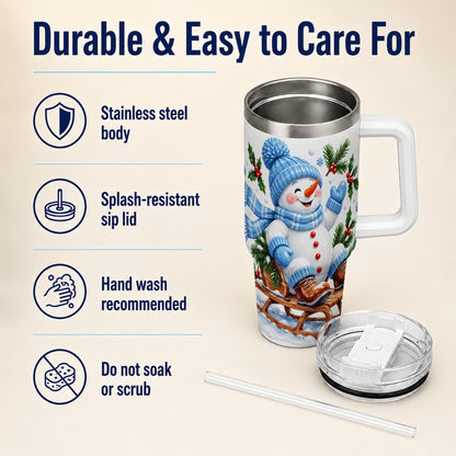#pl[40oz|White] Sledding Snowman 40oz Tumbler with Handle, Winter Stainless Steel Tumbler