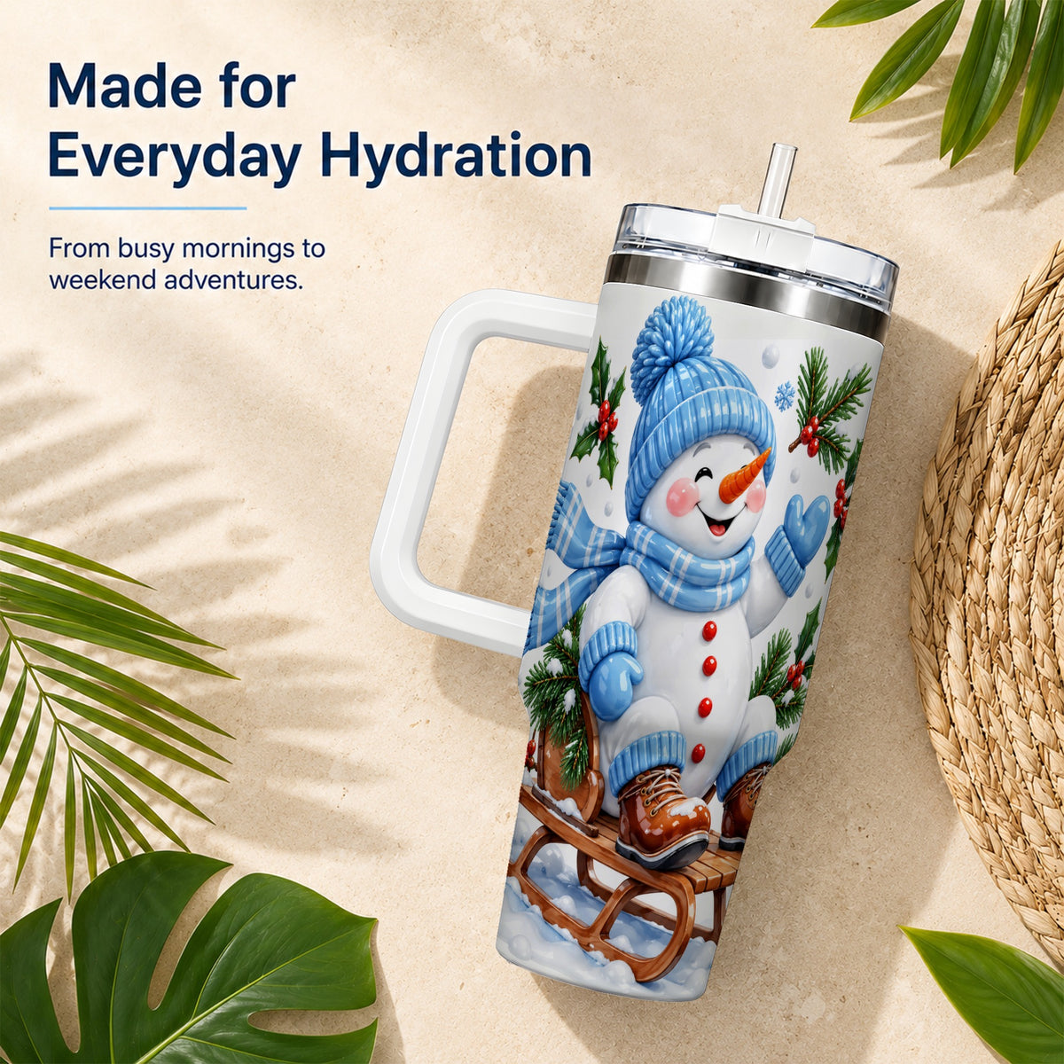 #pl[40oz|White] Sledding Snowman 40oz Tumbler with Handle, Winter Stainless Steel Tumbler
