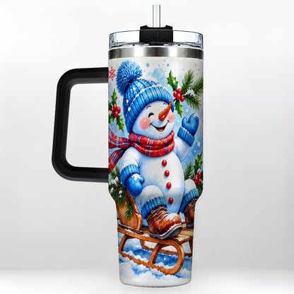 #pl[40oz|Black] Watercolor Snowman 40oz Tumbler with Handle, Winter Steel Tumbler