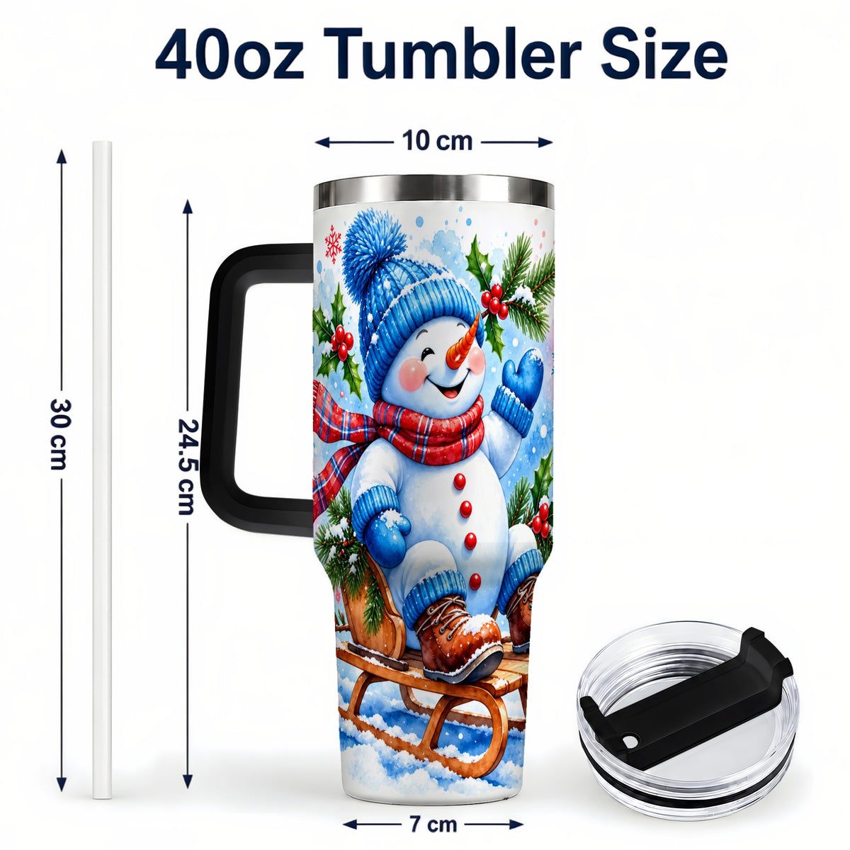 #pl[40oz|Black] Watercolor Snowman 40oz Tumbler with Handle, Winter Steel Tumbler