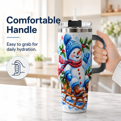 #pl[40oz|Black] Watercolor Snowman 40oz Tumbler with Handle, Winter Steel Tumbler