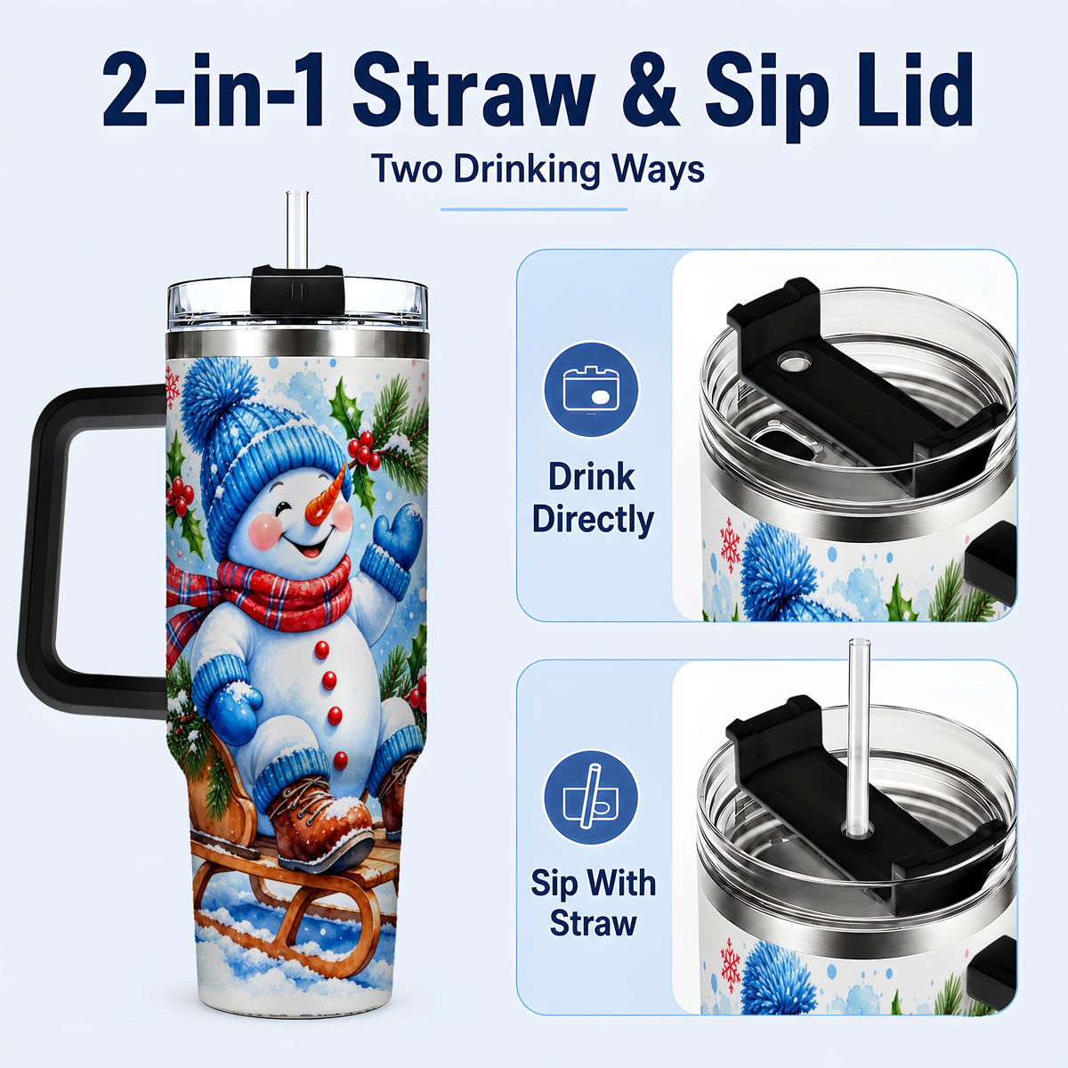 #pl[40oz|Black] Watercolor Snowman 40oz Tumbler with Handle, Winter Steel Tumbler