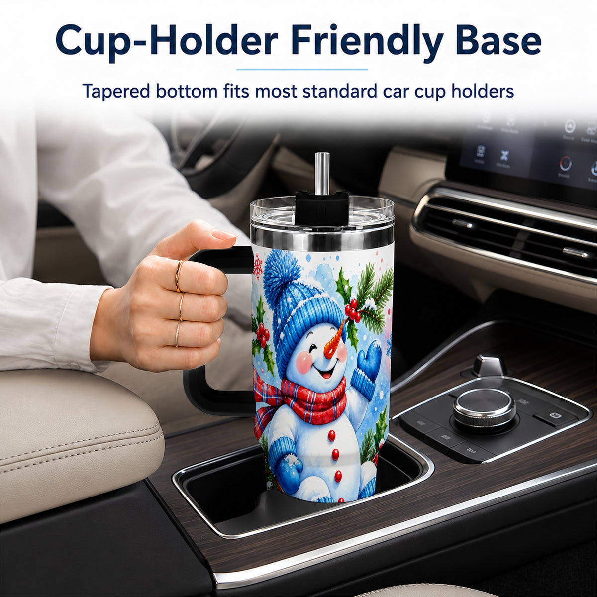 #pl[40oz|Black] Watercolor Snowman 40oz Tumbler with Handle, Winter Steel Tumbler