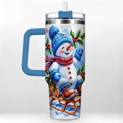 #pl[40oz|Blue] Watercolor Snowman 40oz Tumbler with Handle, Winter Steel Tumbler