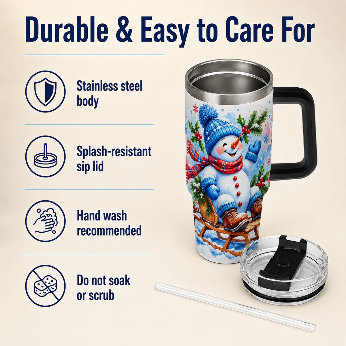 #pl[40oz|Black] Watercolor Snowman 40oz Tumbler with Handle, Winter Steel Tumbler