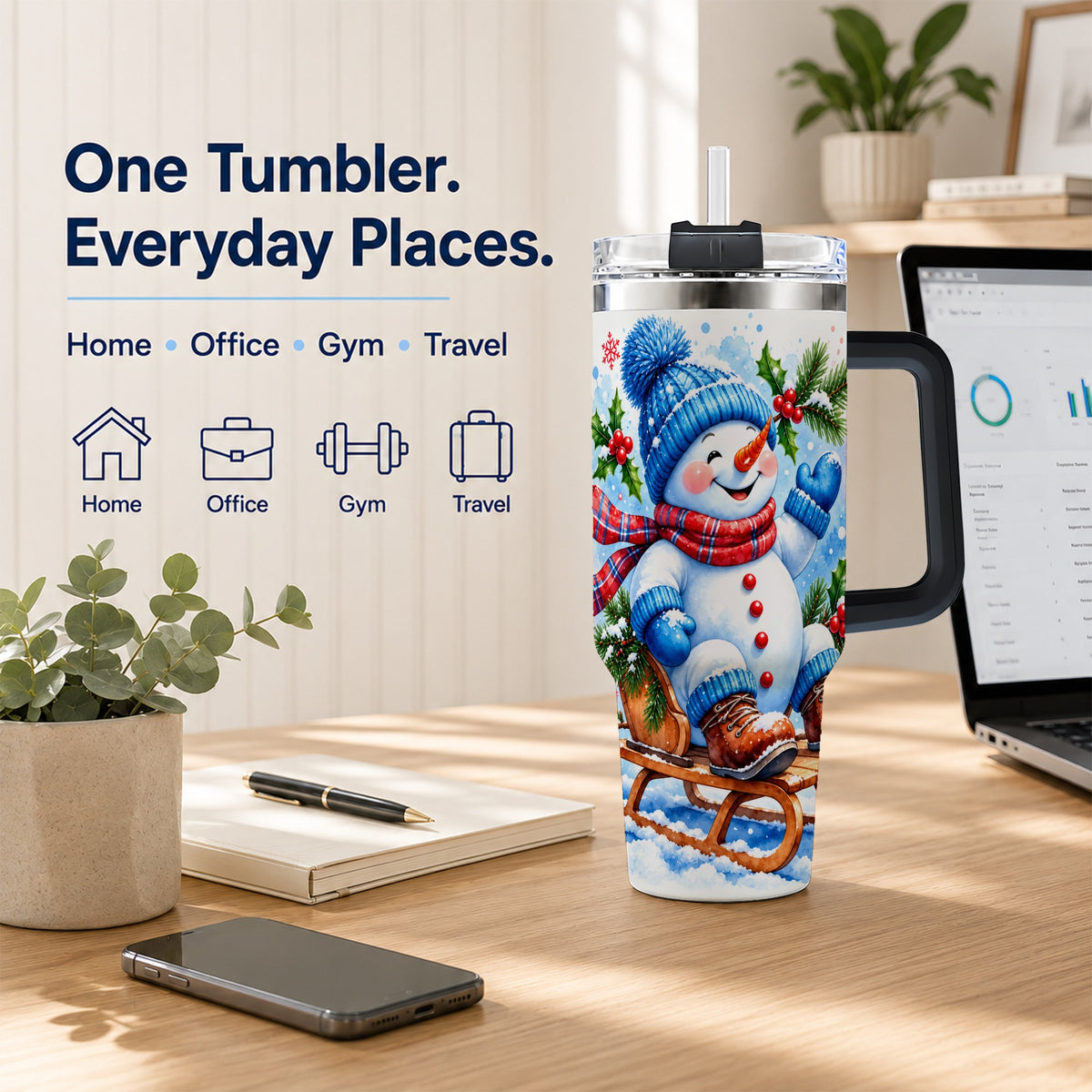 #pl[40oz|Black] Watercolor Snowman 40oz Tumbler with Handle, Winter Steel Tumbler