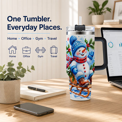 #pl[40oz|Black] Watercolor Snowman 40oz Tumbler with Handle, Winter Steel Tumbler