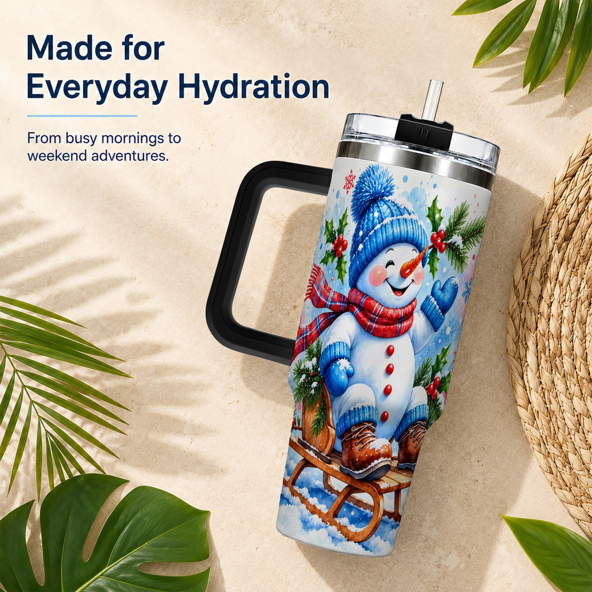 #pl[40oz|Black] Watercolor Snowman 40oz Tumbler with Handle, Winter Steel Tumbler