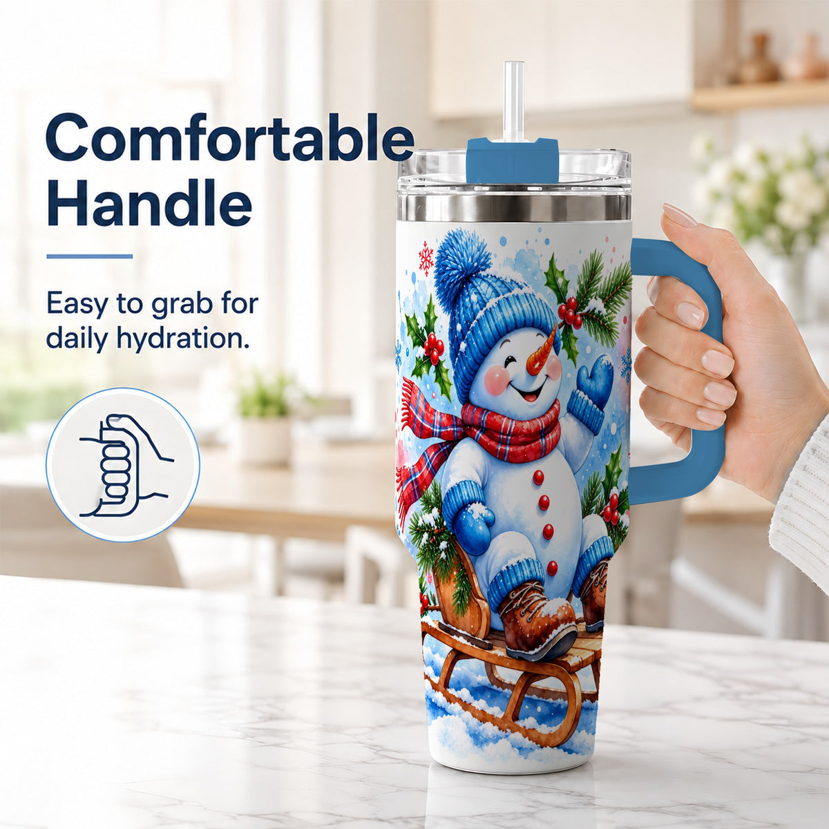 #pl[40oz|Blue] Watercolor Snowman 40oz Tumbler with Handle, Winter Steel Tumbler