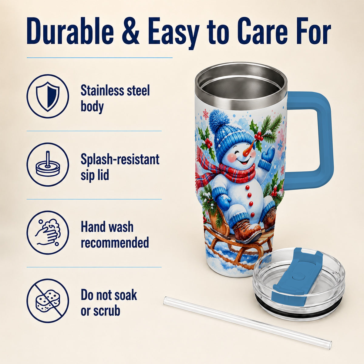 #pl[40oz|Blue] Watercolor Snowman 40oz Tumbler with Handle, Winter Steel Tumbler