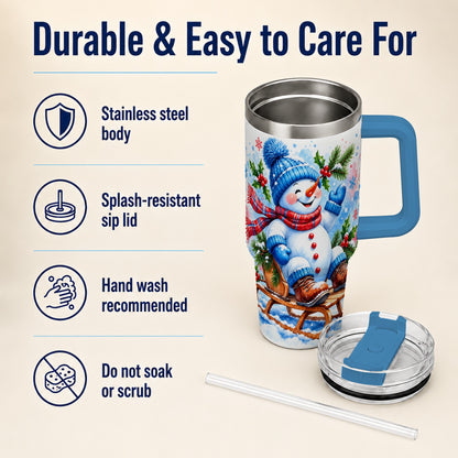 #pl[40oz|Blue] Watercolor Snowman 40oz Tumbler with Handle, Winter Steel Tumbler