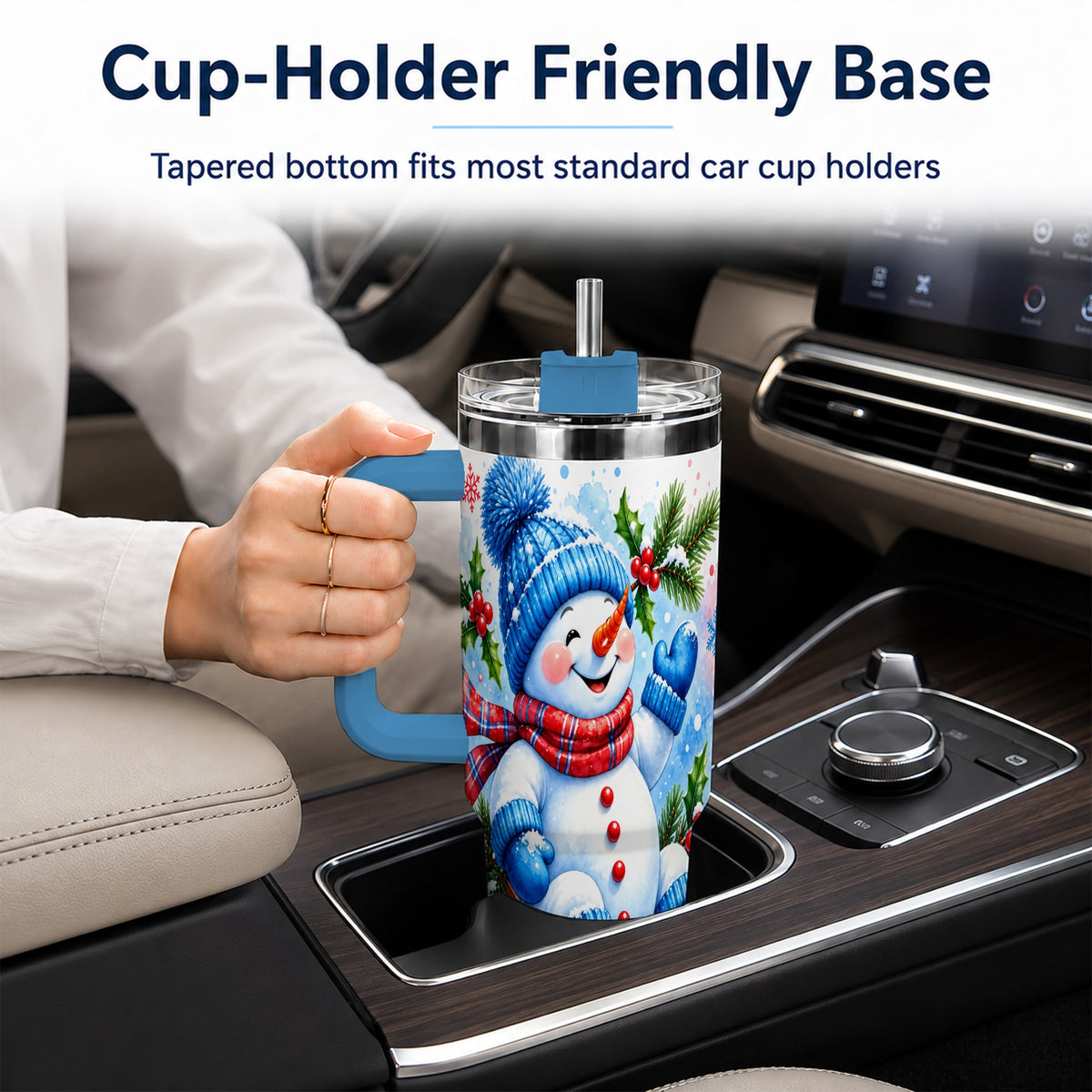 #pl[40oz|Blue] Watercolor Snowman 40oz Tumbler with Handle, Winter Steel Tumbler