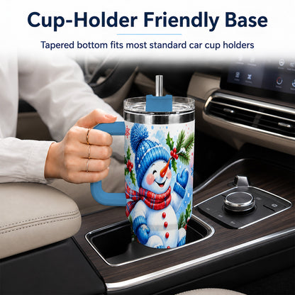 #pl[40oz|Blue] Watercolor Snowman 40oz Tumbler with Handle, Winter Steel Tumbler