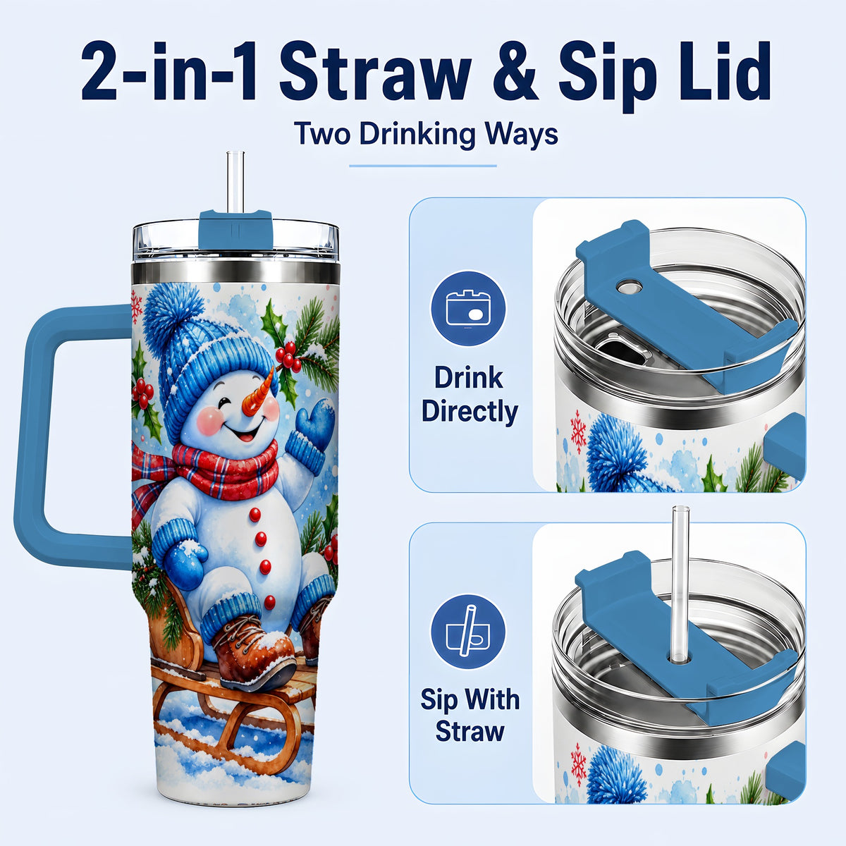 #pl[40oz|Blue] Watercolor Snowman 40oz Tumbler with Handle, Winter Steel Tumbler