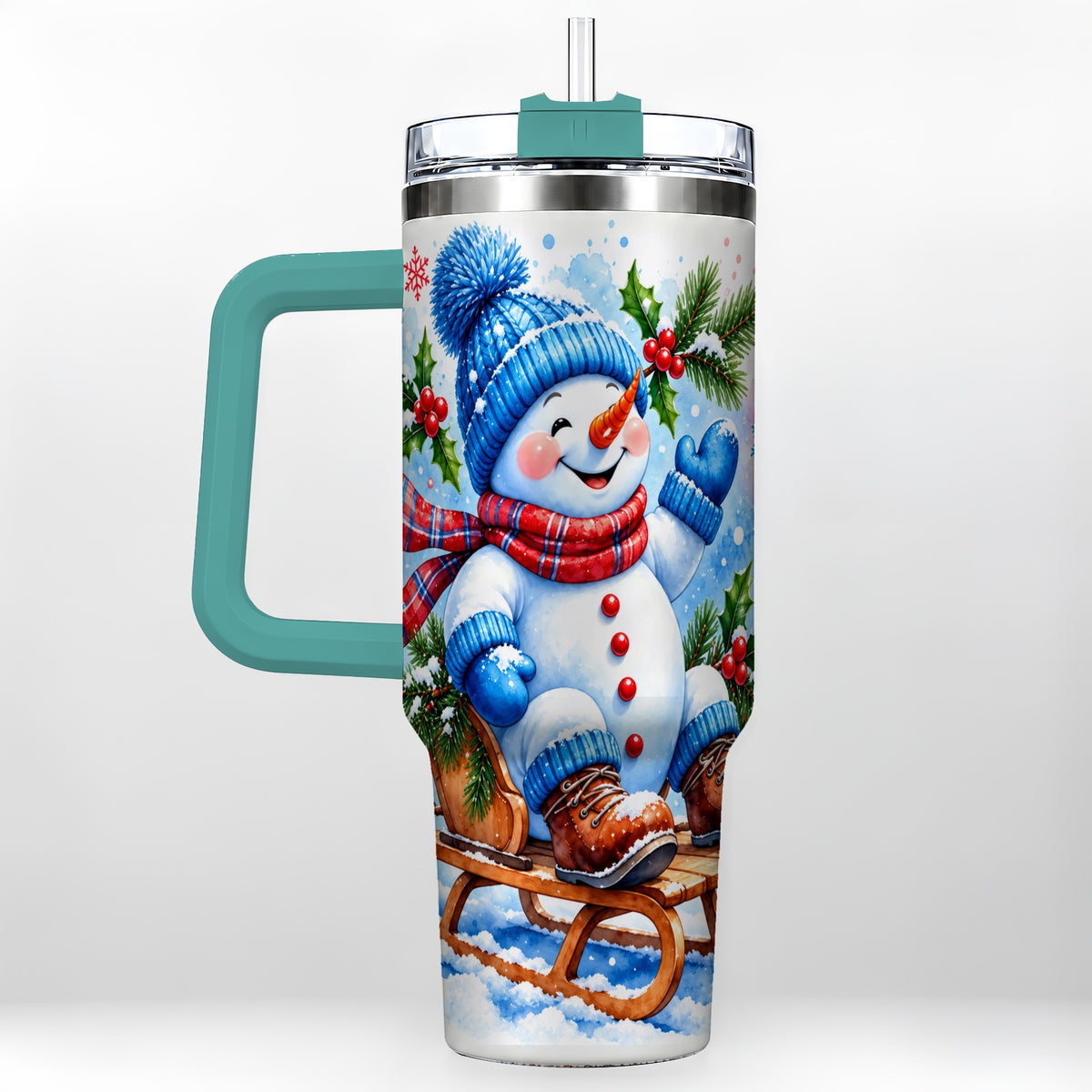 #pl[40oz|Green] Watercolor Snowman 40oz Tumbler with Handle, Winter Steel Tumbler